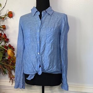 Lilly Pulitzer Blue 100% Linen Button Up Long Sleeve Collared Front Tie Top XS
